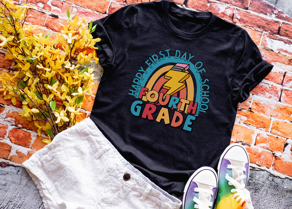 Happy first day of *Grade* pencil and rainbow - 1